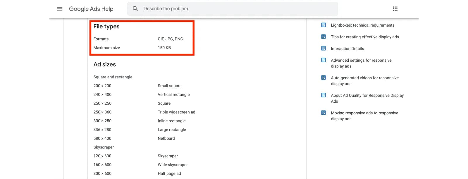 Google Ads help: image formats GIF, JPG and PNG with a maximum size of 150 KB, followed by supported ad sizes