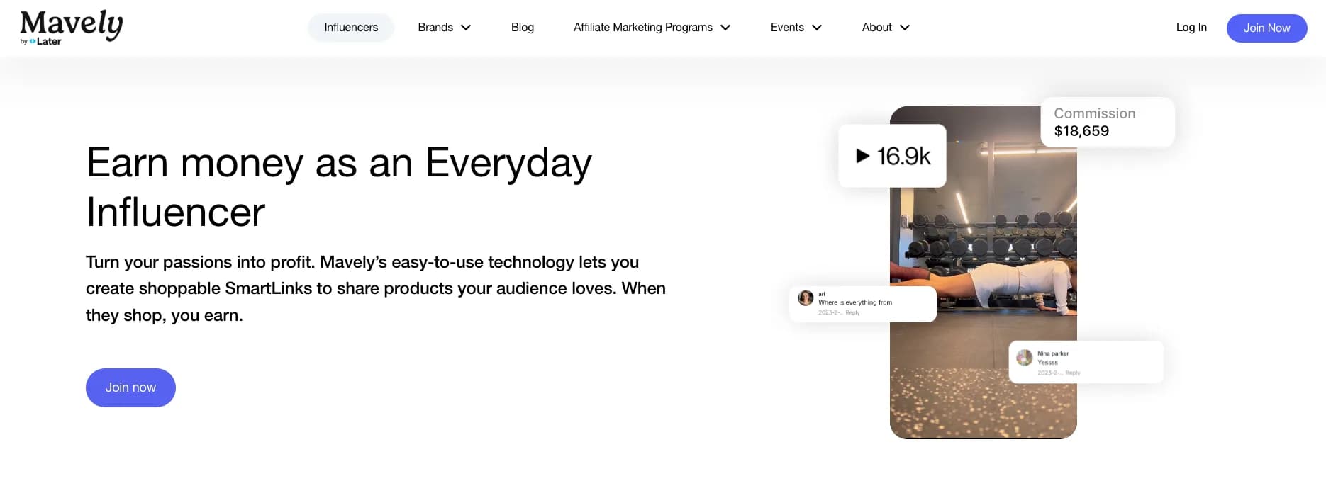 Mavely's creator landing page: "Earn money as an Everyday Influencer", with a sample $18,659 commission badge