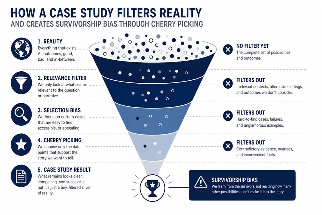 How a case study filters reality: from all outcomes, through relevance filtering, selection bias and cherry picking, down to one success story