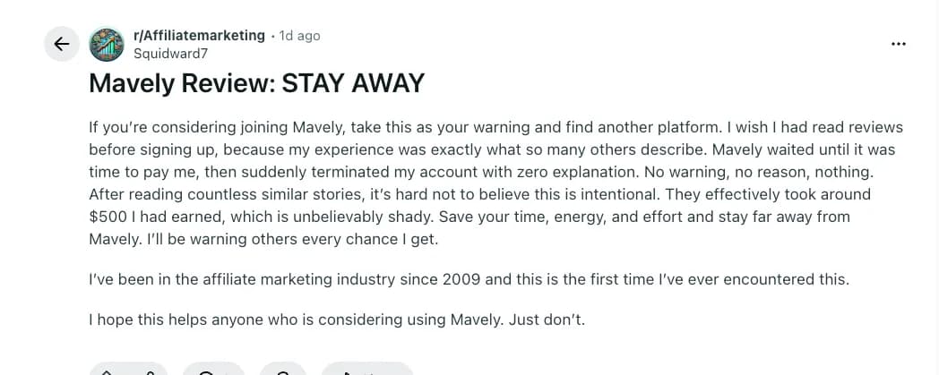 Reddit post "Mavely Review: STAY AWAY": a creator says the account was terminated at payout time and about $500 in earnings was lost