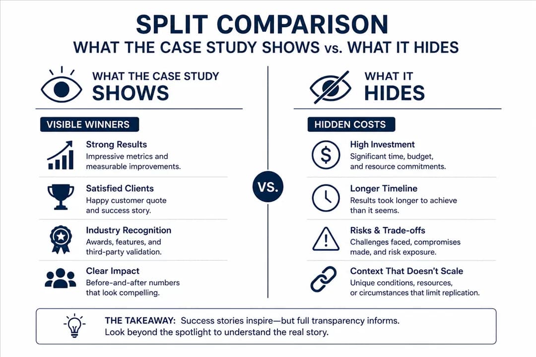 What a case study shows (strong results, happy clients, awards, clear impact) versus what it hides (investment, longer timelines, risks, context that does not scale)