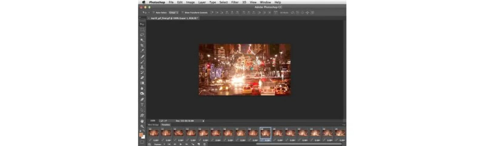 Photoshop timeline with the animation split into frames and a delay under each one