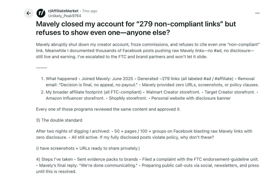 Reddit post: a creator says Mavely closed the account for "279 non-compliant links", froze commissions and refused to show any of them