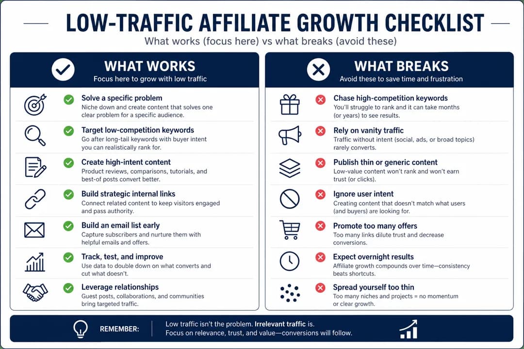 Low-traffic affiliate growth checklist: what works (specific problems, low-competition buyer keywords, high-intent content, internal links, an email list, testing, relationships) and what breaks (high-competition keywords, vanity traffic, thin content, ignoring intent, too many offers, impatience, spreading too thin)