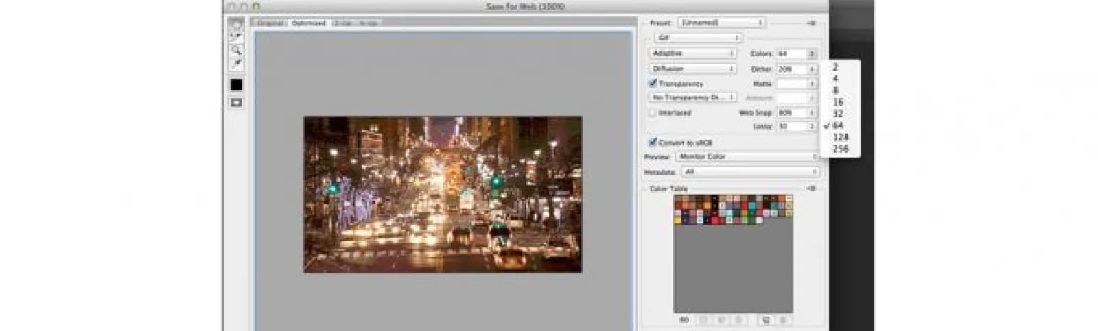 Photoshop 'Save for Web' GIF settings: adaptive palette with the number of colors being reduced to 64