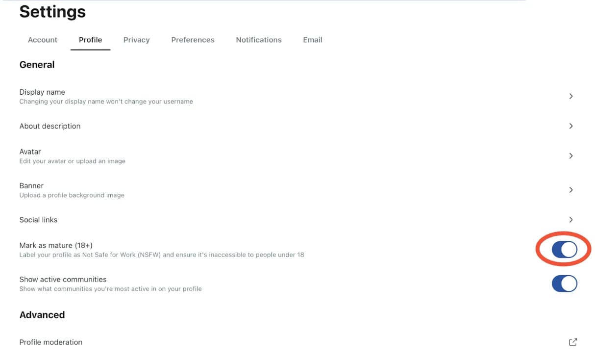 Reddit profile settings: 'Mark as mature (18+)' labels the profile NSFW and keeps it inaccessible to people under 18