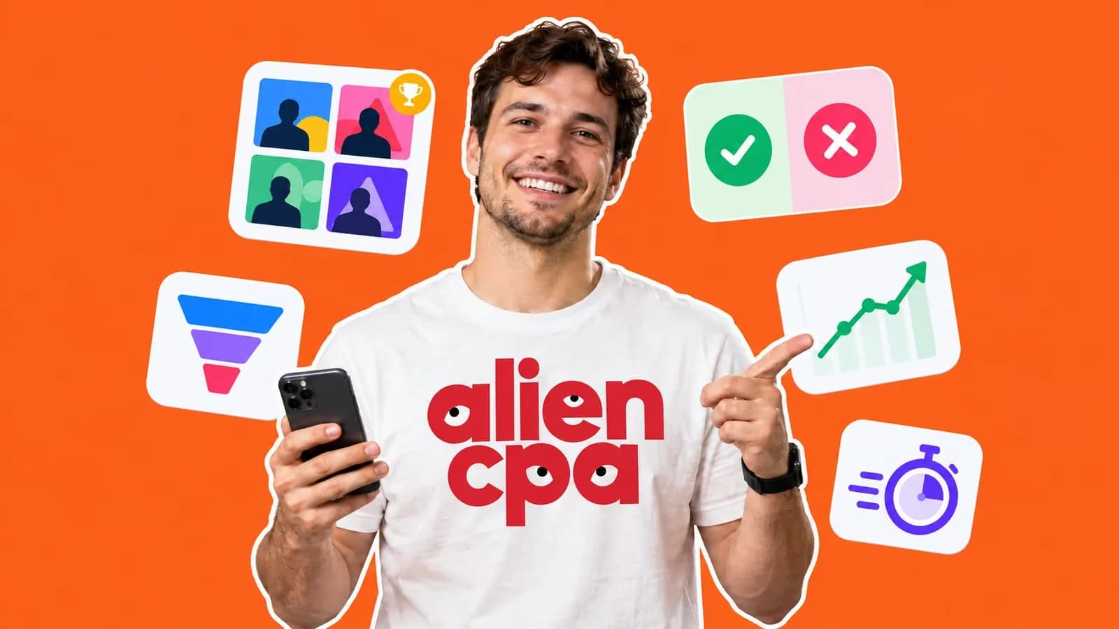 Photo collage: a young media buyer with a phone points at widgets with four ad thumbnails and a trophy, an A/B check and cross, a funnel and a rising chart