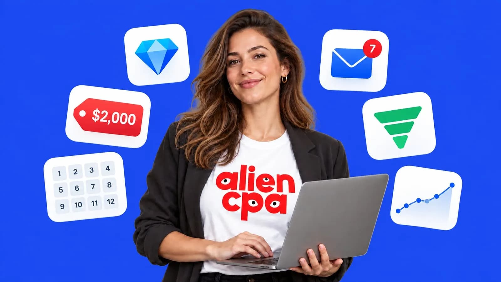 Photo collage: a confident woman with a laptop among widgets with a diamond, a $2,000 price tag, an email counter, a funnel and a 12-month calendar