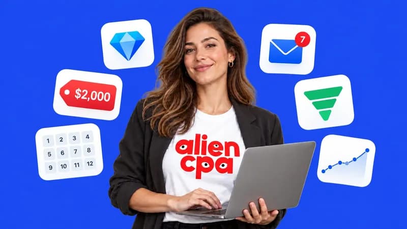 Photo collage: a confident woman with a laptop among widgets with a diamond, a $2,000 price tag, an email counter, a funnel and a 12-month calendar