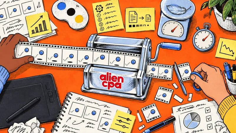 Illustrated desk: a strip of animation frames is fed into a pasta machine and comes out short, while a hand trims duplicate frames with scissors
