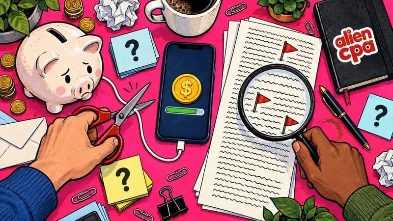 Illustrated desk: scissors cut the cable between a phone showing a payout and a piggy bank, a magnifier over red-flagged terms