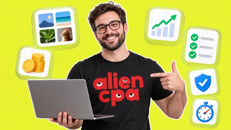 Photo collage: a smiling blogger holds a laptop among widgets with content cards, a growth chart, coins, a checklist and a shield