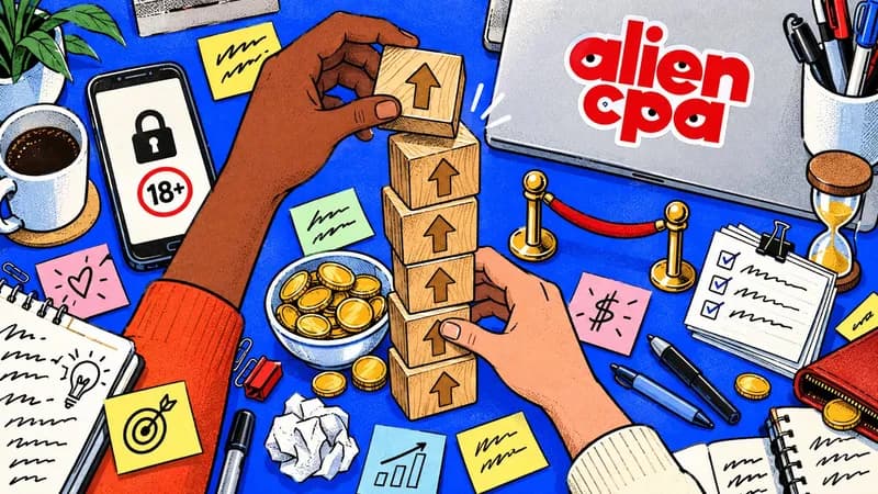 Illustrated desk: two hands stack wooden blocks with up arrows next to a bowl of coins, a phone with a lock and an 18+ badge, and a velvet rope