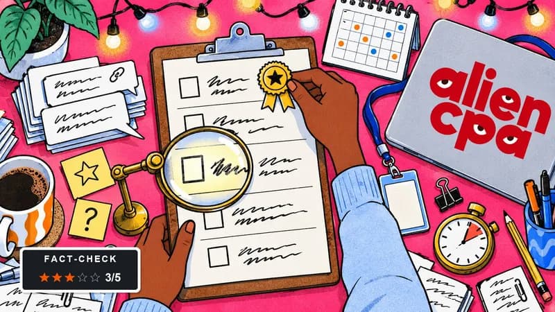 Illustrated desk: a hand pins a gold first-place rosette on row 1 of a ranking list on a clipboard while a magnifying glass on a stand focuses on row 3, with blinking string lights, speech-bubble cards and a fact-check badge showing 3 of 5 stars.