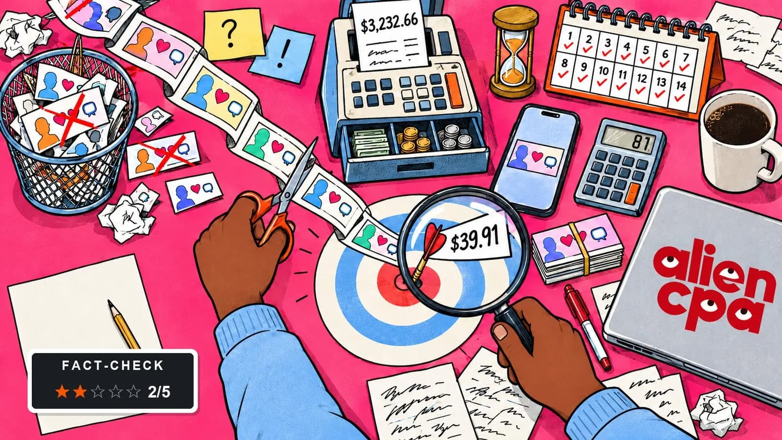 Illustrated desk: a hand cuts small dating banner thumbnails off a long paper ribbon into a wastebasket while the other holds a magnifying glass over a dart stuck at the edge of a bullseye flagged $39.91, next to a cash register receipt for $3,232.66, a calculator showing 81, a 14-day calendar and a fact-check badge showing 2 of 5 stars.