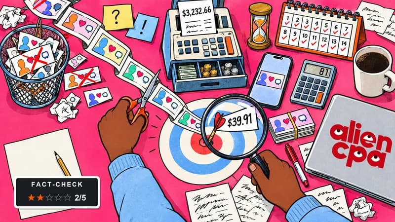 Illustrated desk: a hand cuts small dating banner thumbnails off a long paper ribbon into a wastebasket while the other holds a magnifying glass over a dart stuck at the edge of a bullseye flagged $39.91, next to a cash register receipt for $3,232.66, a calculator showing 81, a 14-day calendar and a fact-check badge showing 2 of 5 stars.