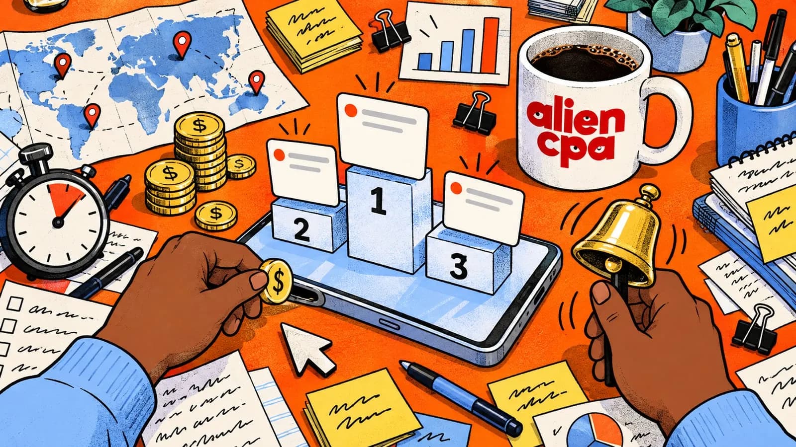 Illustrated desk on an orange background seen from above: a smartphone lies flat with 3 blank notification cards standing on a small 1-2-3 winners podium on its screen; one hand drops a gold coin into a slot on the side of the phone, the other rings a brass bell; around are a world map with pins, a stopwatch, stacks of coins, a bar chart card, a cursor cutout, sticky notes and a coffee mug with the aliencpa logo.
