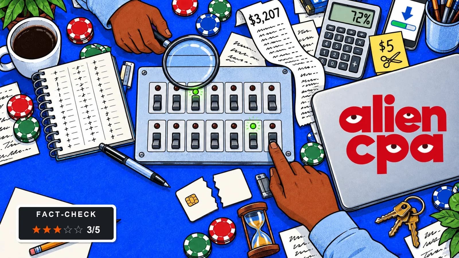 Illustrated desk: a hand presses a toggle on a panel of 14 switches with only 2 lit green while the other holds a magnifying glass over it, next to a $3,207 receipt, a calculator showing 72%, a $5 sticky note with scissors, a snapped payment card, an hourglass, casino chips and a fact-check badge showing 3 of 5 stars.