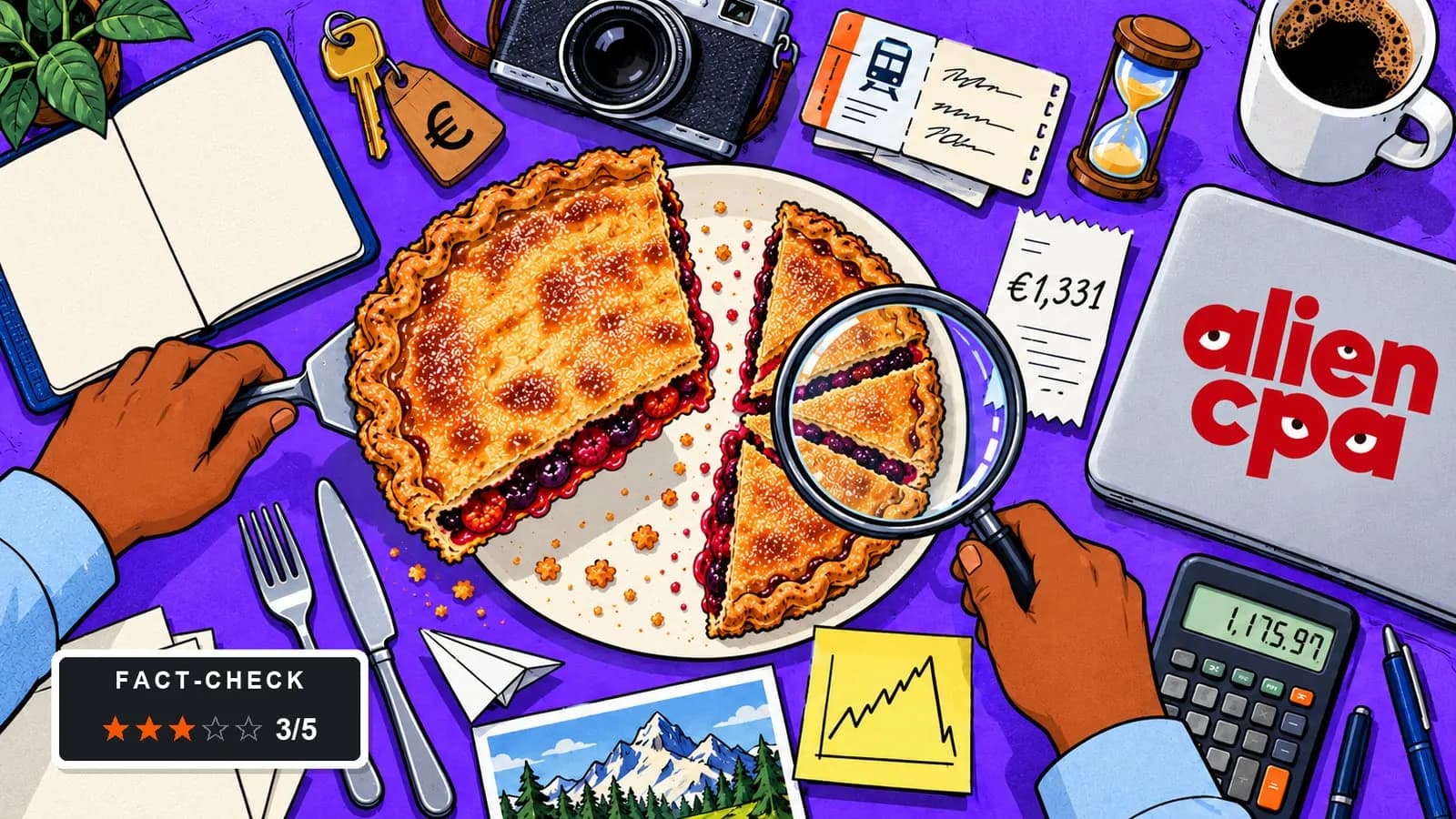 Illustrated desk: one hand lifts a big slice of a berry pie cut like a pie chart while the other holds a magnifying glass over 3 thin slices, with an open notebook, a camera, a train ticket, an hourglass, a €1,331 receipt, a calculator showing 1,175.97, a sticky note with a chart that climbs and drops, and a fact-check badge showing 3 of 5 stars.