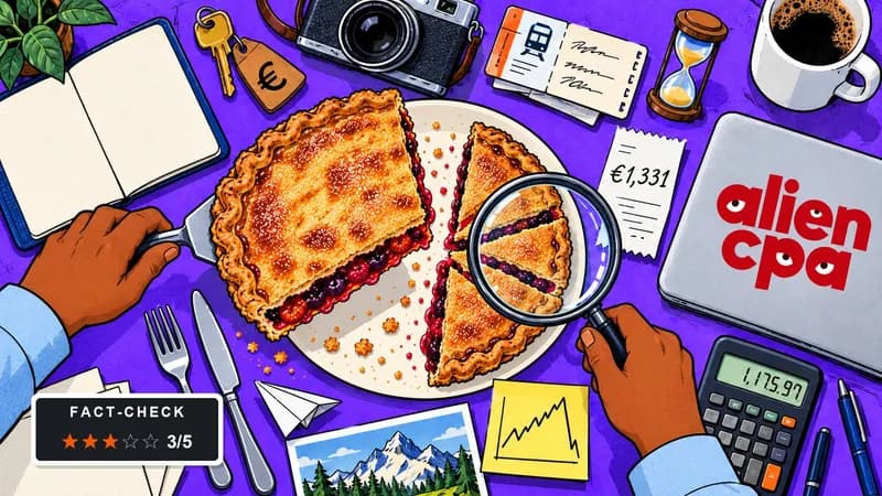 Illustrated desk: one hand lifts a big slice of a berry pie cut like a pie chart while the other holds a magnifying glass over 3 thin slices, with an open notebook, a camera, a train ticket, an hourglass, a €1,331 receipt, a calculator showing 1,175.97, a sticky note with a chart that climbs and drops, and a fact-check badge showing 3 of 5 stars.