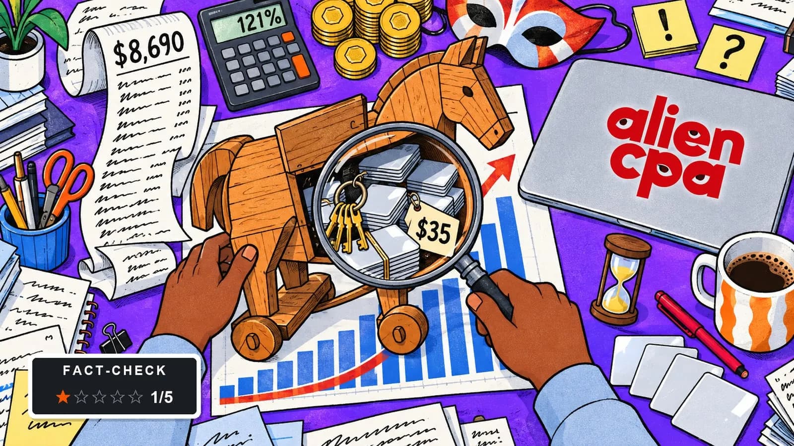 Illustrated desk: a hand pushes a wooden Trojan horse across a rising bar chart while the other holds a magnifying glass over its open hatch, full of blank cards, keys and $35 price tags, next to a $8,690 receipt, a calculator showing 121%, a carnival mask and a fact-check badge showing 1 of 5 stars.