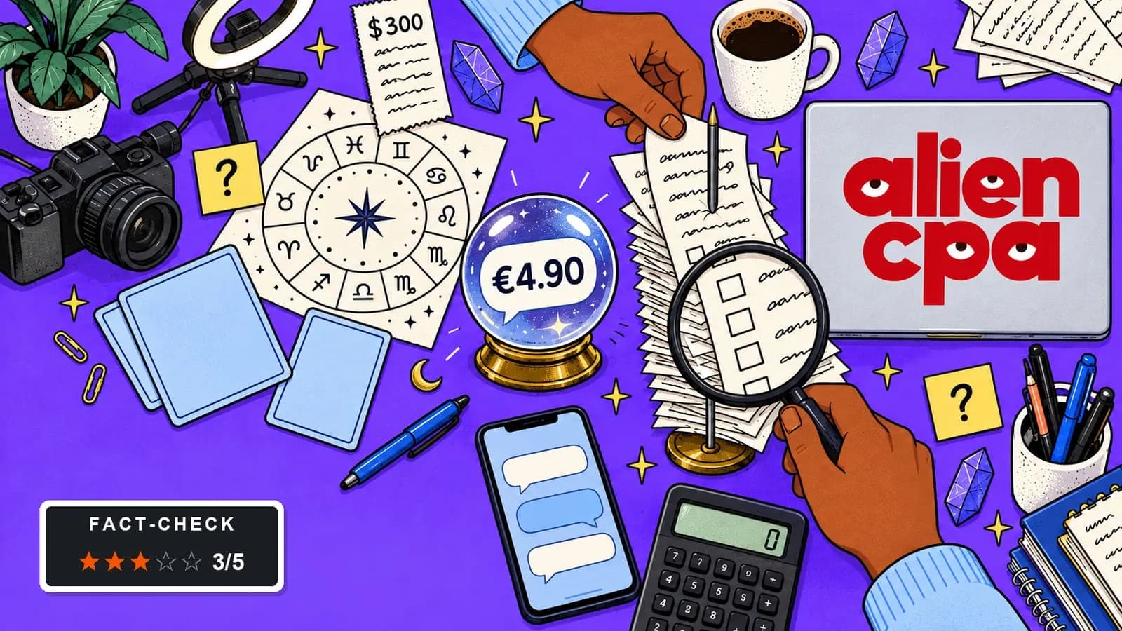 Illustrated desk: a crystal ball on a brass stand with a chat bubble showing 4.90 euros inside it, a receipt spike holding a thick stack of invoices with empty checkboxes, a hand pinning another invoice while the other holds a magnifying glass over the stack, with a paper star chart, blank cards, a phone showing chat bubbles, a $300 receipt, a calculator showing 0 and a fact-check badge showing 3 of 5 stars.