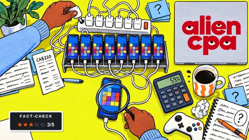 Illustrated desk: a metal rack of 8 identical phones all showing the same puzzle grid and plugged into tangled cables, a hand pulling the plug of the power strip while the other holds a magnifying glass over 1 phone where the puzzle is actually being played, with a CA$220 receipt, a calculator showing 59%, a game controller and a fact-check badge showing 3 of 5 stars.
