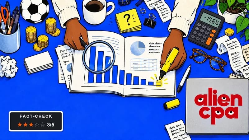 Illustrated desk: an open quarterly report with a bar chart stepping down from tall bars to short ones, a hand highlighting only the last tiny bar that is slightly higher than the one before while the other holds a magnifying glass over the falling bars, with a football, stacks of coins, a calculator showing -17.6%, reading glasses and a fact-check badge showing 3 of 5 stars.