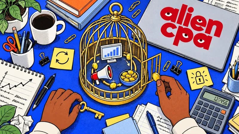 Illustrated desk on a blue background: a golden birdcage with its door ajar holds a closed loop of a megaphone, a monitor with a bar chart and a bowl of gold coins joined by arrows; one hand holds a coin at the cage door, the other holds a gold key, with sticky notes showing circular arrows and a padlock, a calculator, a notebook with a rising chart, coffee and the aliencpa logo on a laptop lid.