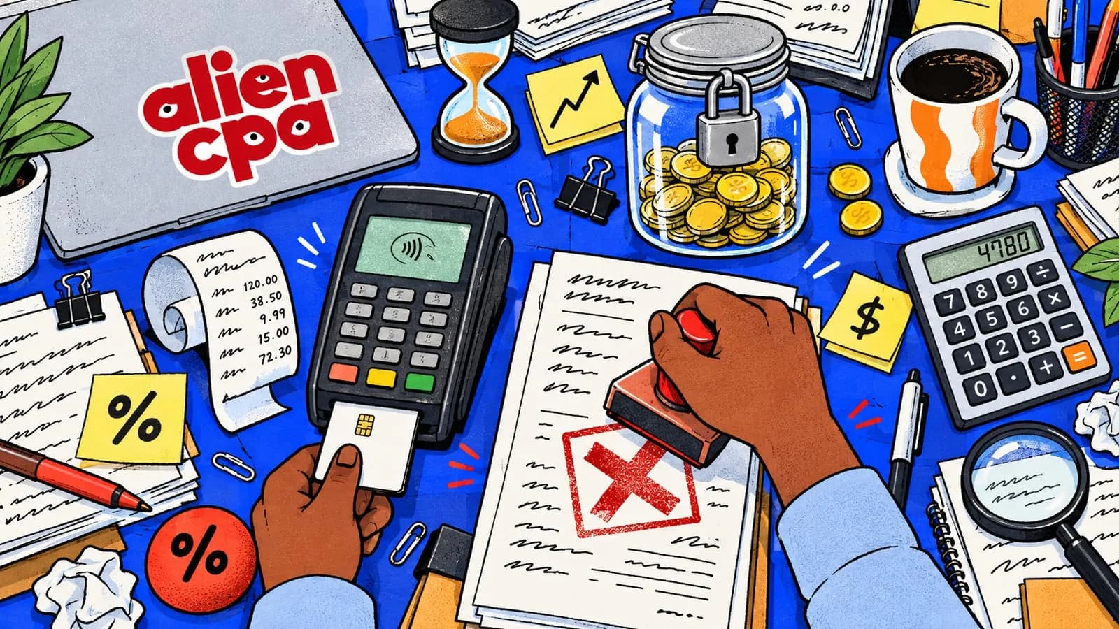 Illustrated desk on a cobalt blue background seen from above: one hand inserts a card into a payment terminal while the other stamps a red X on an application form, next to a padlocked glass jar of gold coins, a calculator, an hourglass, a curling receipt, percent-sign notes and a closed laptop with the aliencpa logo.