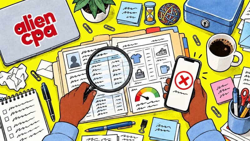 Illustrated desk on an acid yellow background seen from above: one hand holds a magnifying glass over an open file folder with an ID photo, a bank statement, a web shop printout and a credit score gauge, while the other hand holds a phone showing a red X, next to a locked cash box, a coffee mug, an hourglass and a closed laptop with the aliencpa logo.