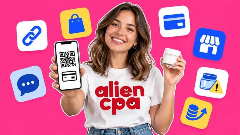 Smiling young woman in a white aliencpa T-shirt on a hot pink background, holding out a phone with a QR code and a card icon in one hand and a small jar of face cream in the other, surrounded by app-style tiles: a chain link, a shopping bag, a chat bubble, a bank card, a storefront, a cream jar with a warning sign and coins with an arrow.