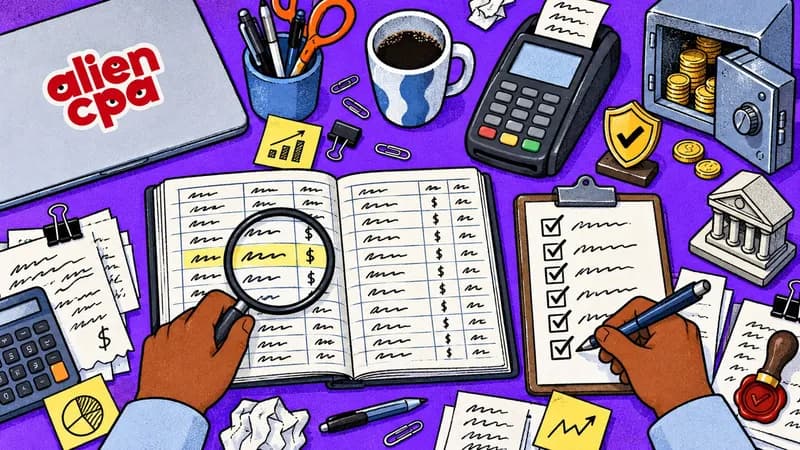 Illustrated desk on a violet background seen from above: one hand holds a magnifying glass over a highlighted row in an open ledger while the other ticks a 6-item checklist on a clipboard, among a card payment terminal, an open safe with coins, a shield with a check mark, a bank building model, a wax seal and a closed laptop with the aliencpa logo.