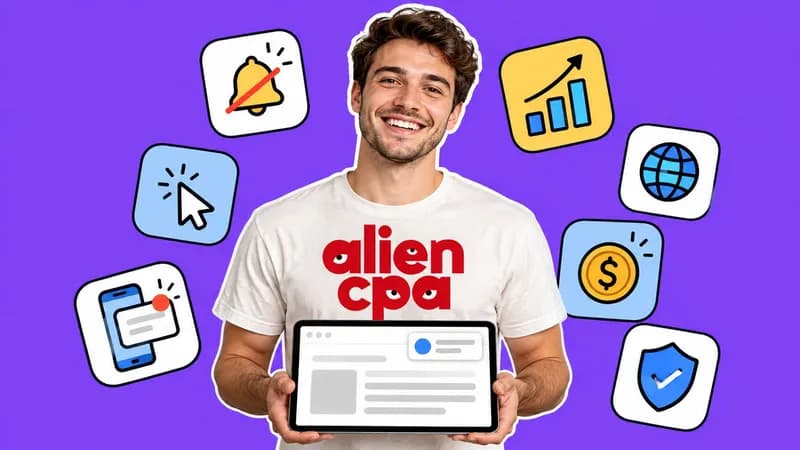 Photo collage on a flat violet background: a smiling young man in a white aliencpa T-shirt holds a tablet showing a web page with a small notification card in its top-right corner, surrounded by floating tiles with a muted bell, a cursor click, a phone notification, a growth chart, a globe, a dollar coin and a shield.