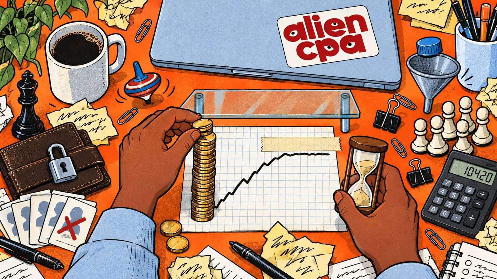 Illustrated desk on an orange background seen from above: one hand stacks a tower of gold coins next to a line chart that rises and then flattens under a strip of tape, the other holds an hourglass, among a padlocked wallet, a fan of ID cards with one crossed out in red, a funnel, a chess king facing a group of pawns, a calculator and a laptop with an aliencpa sticker.