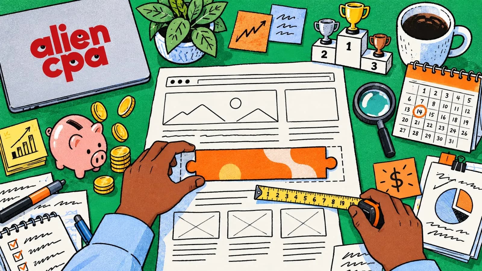 Illustrated desk on an emerald green background seen from above: one hand fits an orange puzzle-piece ad unit into an empty slot on a paper website mock-up while the other measures it with a tape measure, among a piggy bank with coins, a podium with 3 trophies, a desk calendar, a magnifying glass, sticky notes and a laptop with the aliencpa logo.