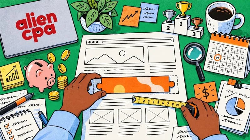 Illustrated desk on an emerald green background seen from above: one hand fits an orange puzzle-piece ad unit into an empty slot on a paper website mock-up while the other measures it with a tape measure, among a piggy bank with coins, a podium with 3 trophies, a desk calendar, a magnifying glass, sticky notes and a laptop with the aliencpa logo.