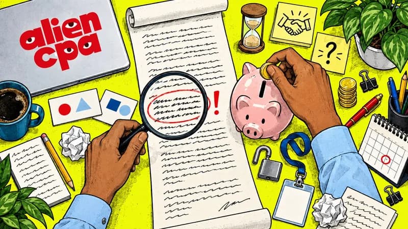 Illustrated desk on a bright yellow background seen from above: one hand holds a magnifying glass over a long paper contract where a passage is circled in red next to a red exclamation mark, and the other hand drops a gold coin into a pink piggy bank; around them lie a laptop with the aliencpa logo, a cup of coffee, an hourglass, sticky notes with a handshake and a question mark, an open padlock, a blank conference badge on a blue lanyard, a desk calendar with a date circled in red, a stack of gold coins, pens, notebooks, crumpled paper and potted plants.