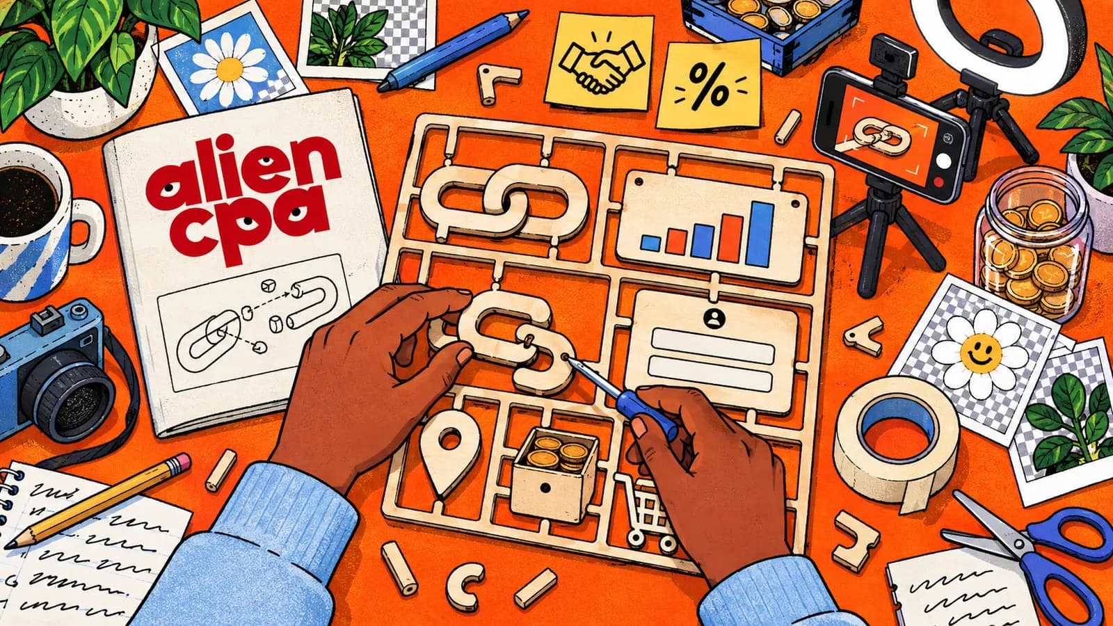 Illustrated orange desk seen from above: 2 hands assemble a wooden model-kit frame whose pieces are a chain link, a bar chart, a signup form card, a location pin, a box of coins and a shopping cart; around it lie a magazine with the aliencpa logo and an assembly diagram of a chain, sticky notes with a handshake and a percent sign, a phone on a tripod with a ring light filming a chain link, a jar and a crate of gold coins, photo prints of a daisy and leaves cut out on transparent checkerboard backgrounds, a camera, coffee, tape, scissors, a notebook and potted plants.
