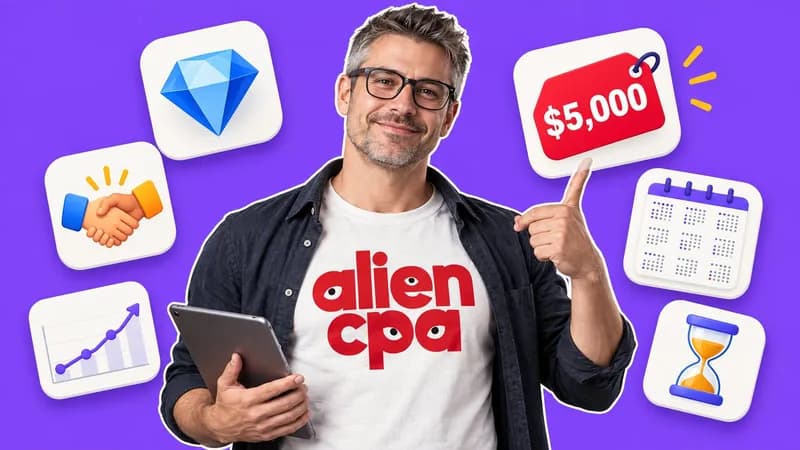 Photo collage on a purple background: a smiling man with gray hair, glasses and stubble, wearing a dark open shirt over a white aliencpa T-shirt, holds a tablet and points up at a red $5,000 price tag; around him float app-style icons of a blue diamond, a handshake, a rising bar chart, a calendar and an hourglass.
