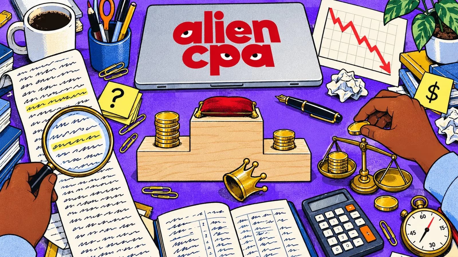 Illustrated desk on a violet background: a small wooden winners' podium whose top step holds only an empty red velvet cushion, a toy gold crown tipped over beside it and short stacks of gold coins on the lower steps; one hand holds a magnifying glass over a long register sheet with highlighted rows, the other places a coin on a brass scale, with a paper chart of a falling red line, a calculator, a ledger, a stopwatch, sticky notes with a question mark and a dollar sign, and the aliencpa logo on a closed laptop lid.
