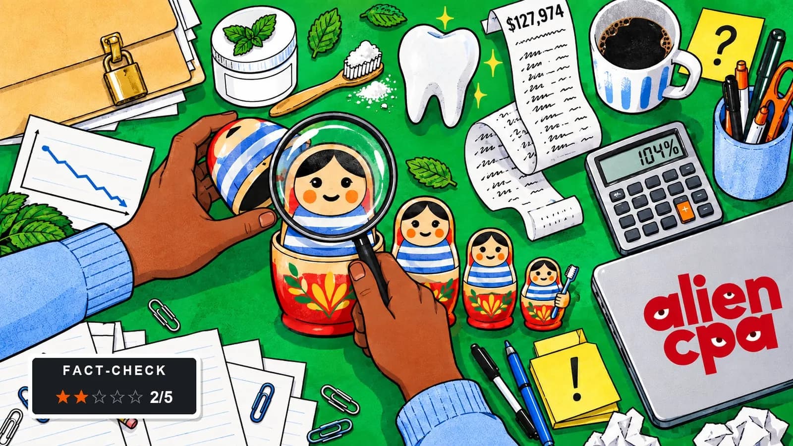 Illustrated desk: a hand opens a row of identical nesting dolls, the smallest holding a toothbrush, while the other hand holds a magnifying glass over them, next to a jar of tooth powder, a tooth figurine, a $127,974 receipt, a calculator showing 104%, a falling line chart, a padlocked folder and a fact-check badge showing 2 of 5 stars.