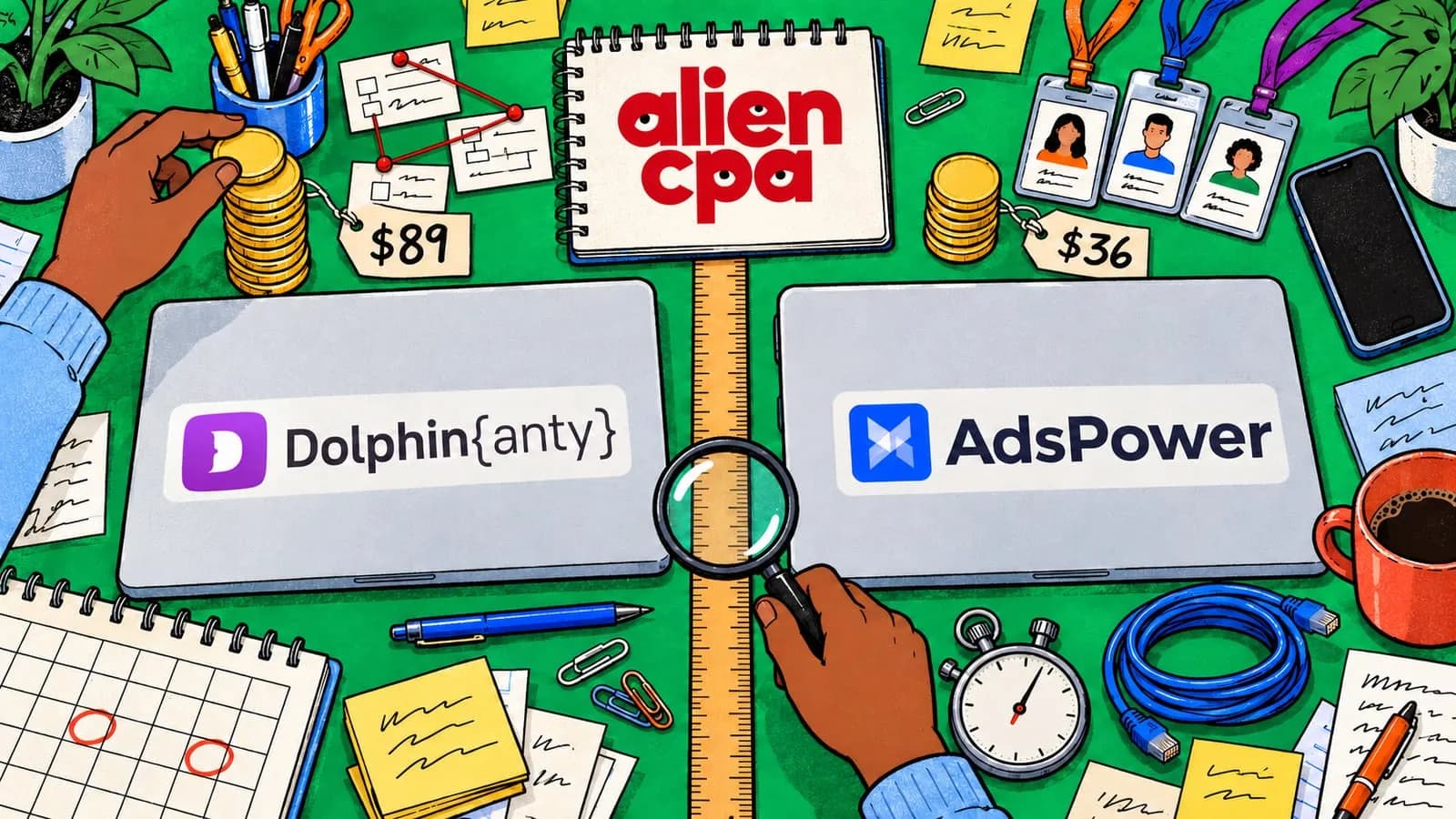 Illustrated desk on an emerald green background seen from above, split by a long wooden ruler: on the left a closed laptop with the Dolphin{anty} logo sticker, a tall stack of coins with a $89 price tag and index cards joined by red string; on the right a closed laptop with the AdsPower logo sticker, a short stack of coins with a $36 price tag, 3 ID badges and a smartphone; one hand adds a coin, the other holds a magnifying glass over the ruler, and the aliencpa logo is on a notebook between the laptops.