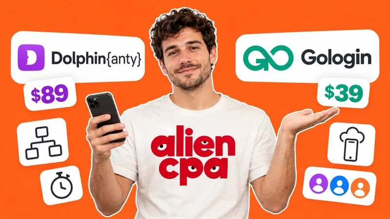 Photo collage on a flat orange background: a smiling man with curly dark hair holds a smartphone and raises an open palm between 2 large white tiles with the Dolphin{anty} and Gologin logos, with price tiles of $89 and $39 under them and small tiles with a flowchart, a stopwatch, a phone under a cloud and 3 avatars; the aliencpa logo is on his T-shirt.