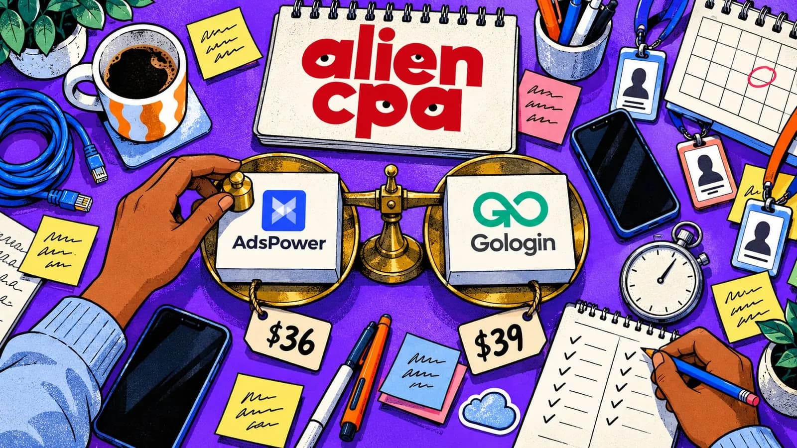 Illustrated desk on a violet background seen from above: a brass balance scale holds a box with the AdsPower logo on one pan and a box with the Gologin logo on the other, almost level, with price tags of $36 and $39; one hand adds a small weight, the other ticks 2 columns in a notepad; around them 2 smartphones, ID badges, a calendar, a stopwatch and a coffee mug, and the aliencpa logo is on a notebook.