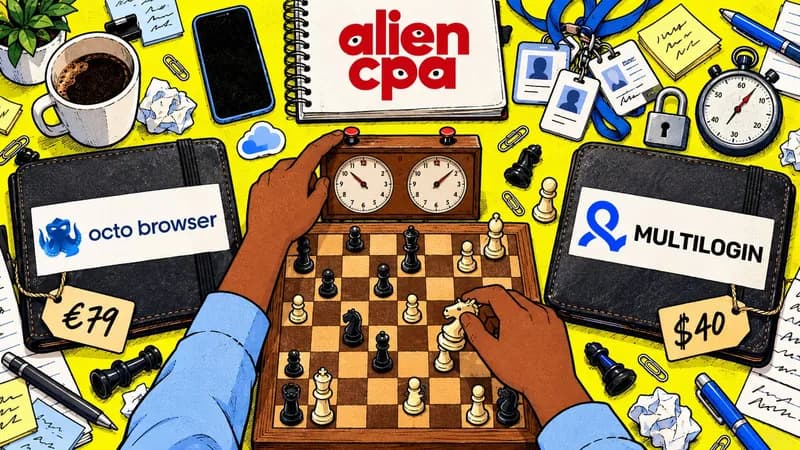 Illustrated desk on an acid yellow background seen from above: a chessboard mid-game with a chess clock, one hand moving a knight and the other pressing the clock button; on the left a leather portfolio with the Octo Browser logo and a 79 EUR price tag, on the right one with the Multilogin logo and a $40 price tag; around them a phone, a cloud sticker, ID badges, a padlock, a stopwatch and a coffee mug, and the aliencpa logo is on a notebook.