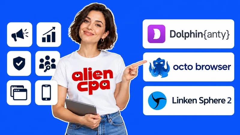 Photo collage on a flat cobalt blue background: a smiling woman with a dark bob holds a tablet and points at 3 white tiles with the Dolphin{anty}, Octo Browser and Linken Sphere logos, with small tiles showing a megaphone, a rising chart, a shield, a team with a key, browser windows and a phone; the aliencpa logo is on her T-shirt.