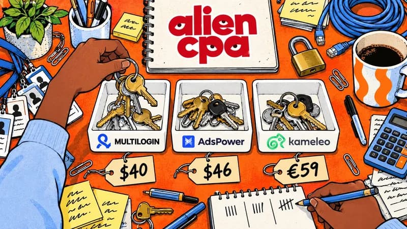 Illustrated desk on an orange background seen from above: one hand drops keys from a big key ring into 3 white trays with the Multilogin, AdsPower and Kameleo logos, with price tags of $40, $46 and 59 EUR in front of them, while the other hand keeps a tally in a notepad; around them ID badges, a padlock, a calculator, a network cable and a coffee mug, and the aliencpa logo is on a notebook.