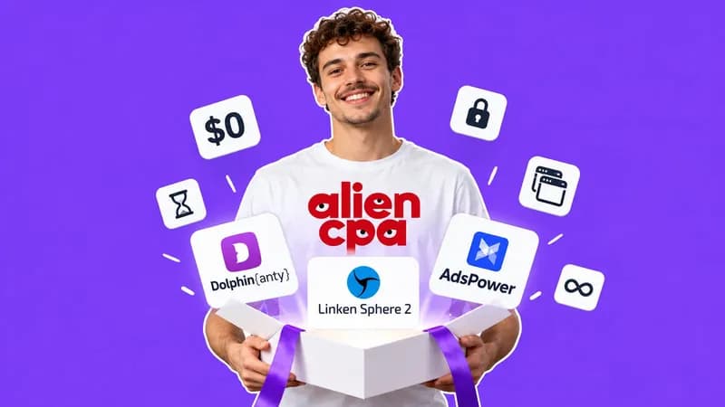 Photo collage on a flat violet background: a smiling young man with curly hair holds an open white gift box, from which white tiles with the Dolphin{anty}, Linken Sphere and AdsPower logos rise, among small tiles with $0, an hourglass, a padlock, browser windows and an infinity sign; the aliencpa logo is on his T-shirt.