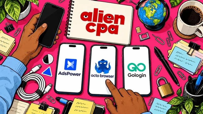 Illustrated desk on a hot pink background seen from above: 3 smartphones lie face up with the AdsPower, Octo Browser and Gologin logos on their screens, one hand taps the middle phone and the other holds a 4th phone; around them a SIM tray, a charging cable, a small globe, a padlock and a coffee mug, and the aliencpa logo is on a notebook.